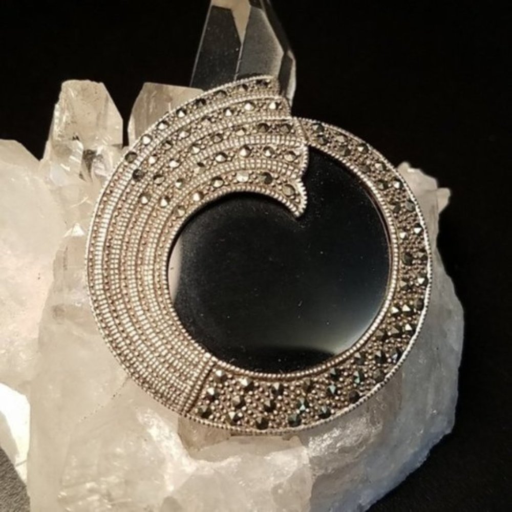 Art Deco Style Black Onyx Marcasite Brooch